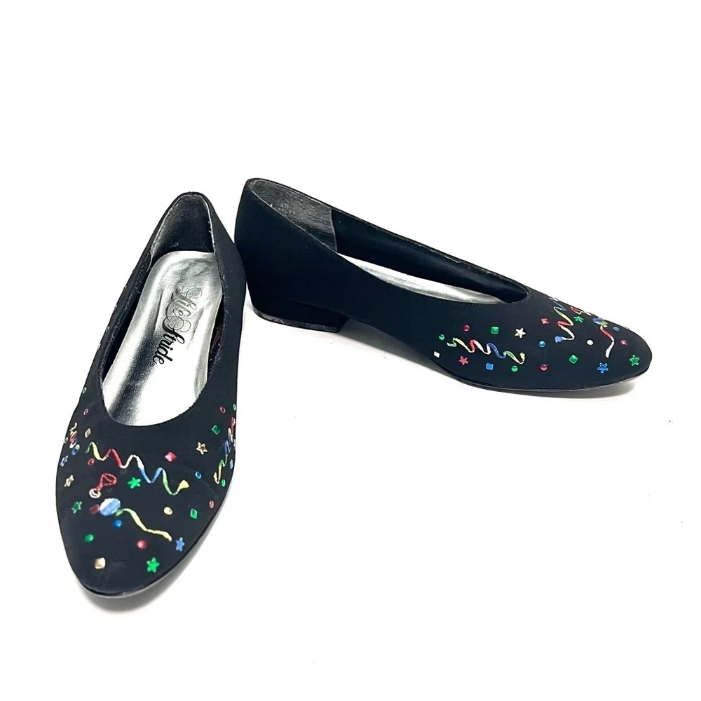 Vintage Y2K black fabric New Years Eve 2000 embroidered holiday kitten heels